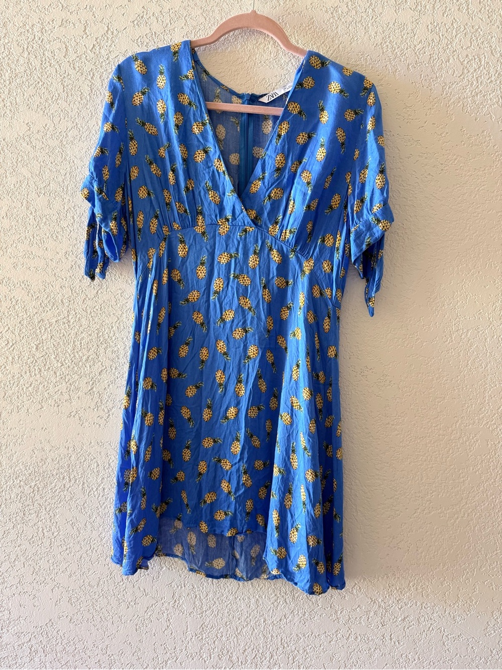 ZARA Ocean Pineapple Blue Print Beach Travel V Neck Tie Sleeves Dress Size Large